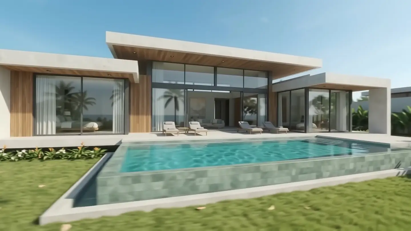 The villa from the lawn with its infinity pool in the foreground