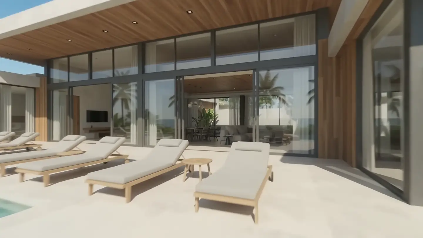 Pool terrace with teak loungers under the deep roof overhang