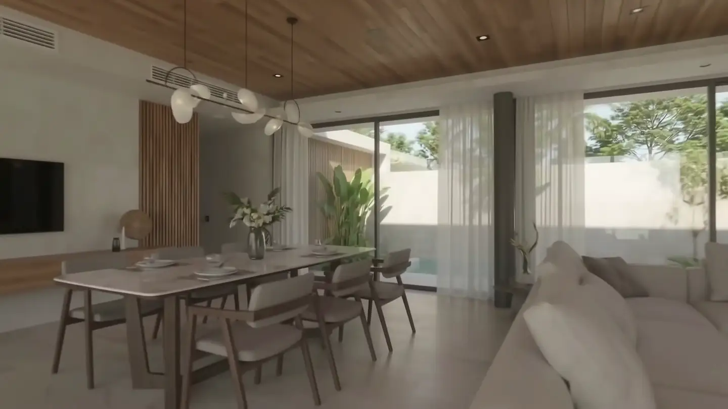 Living and dining room under the teak ceiling