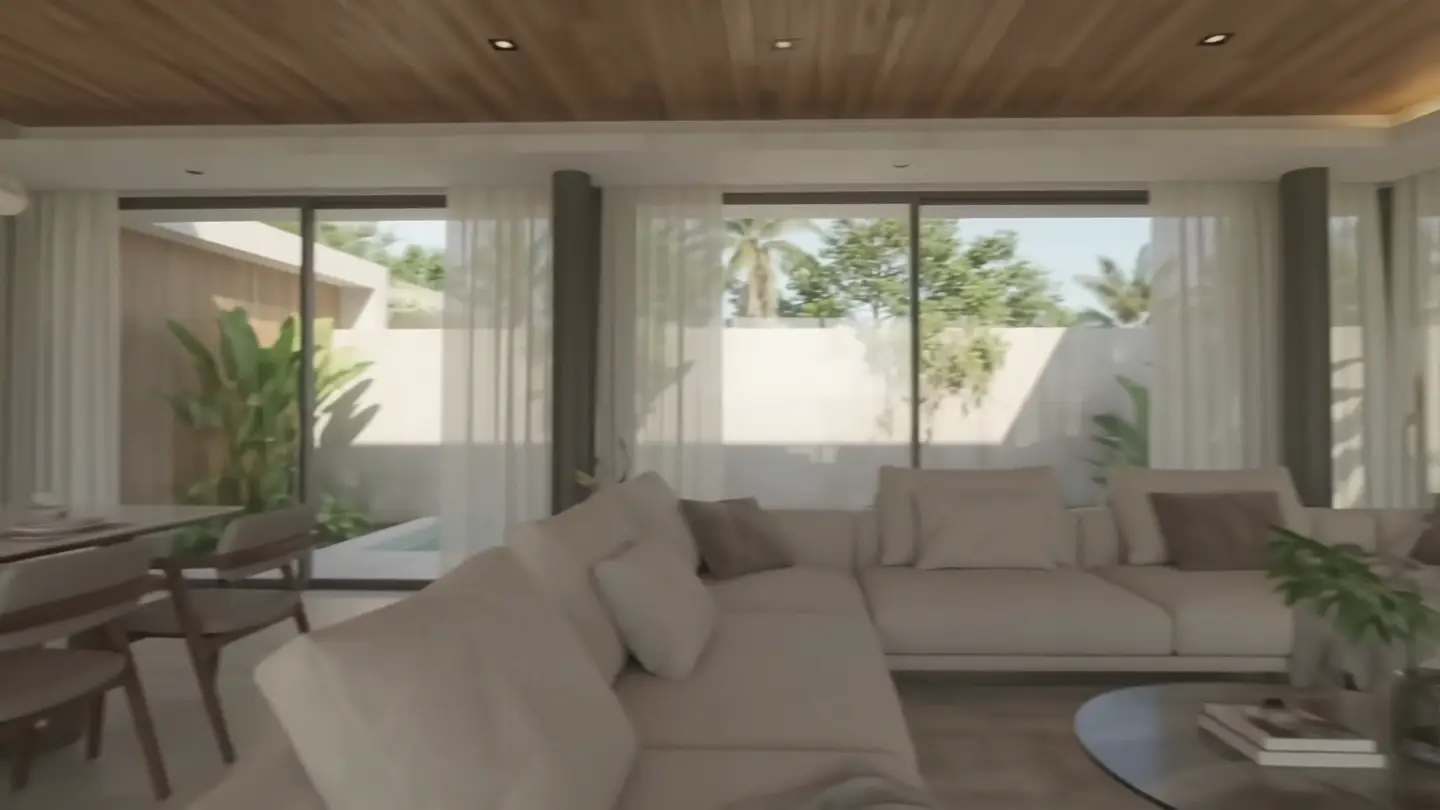 Living room with linen sofas, a teak ceiling and full-height glass