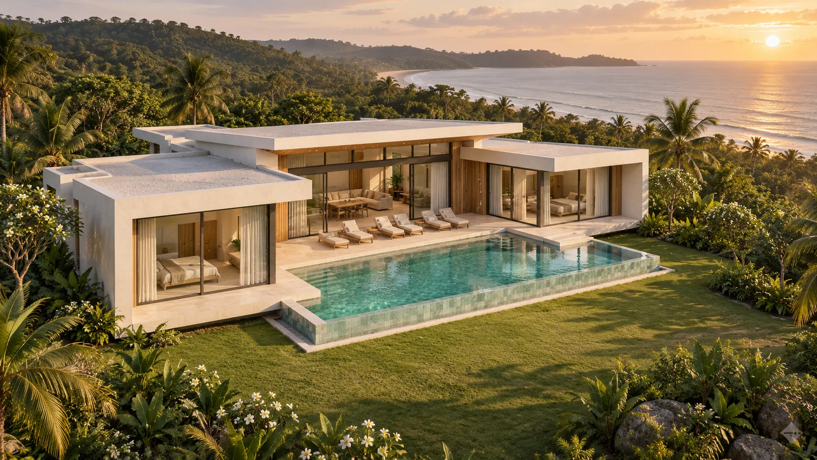 Aerial view of the villa, its pool and the coastline beyond