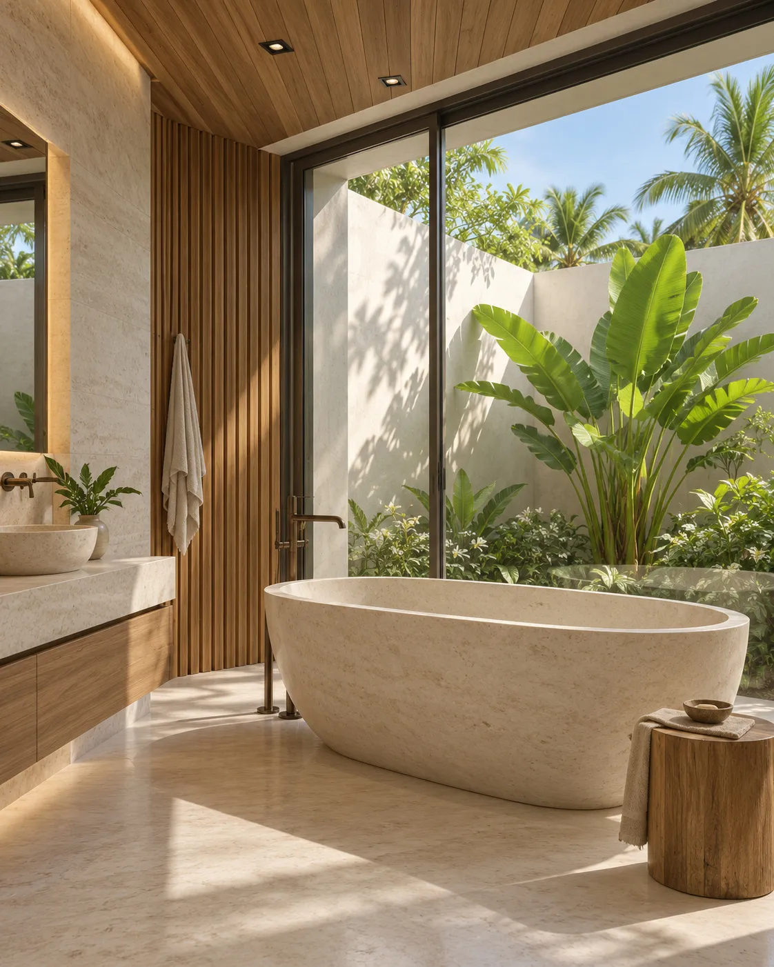 Ensuite bathroom with a stone tub and walled garden