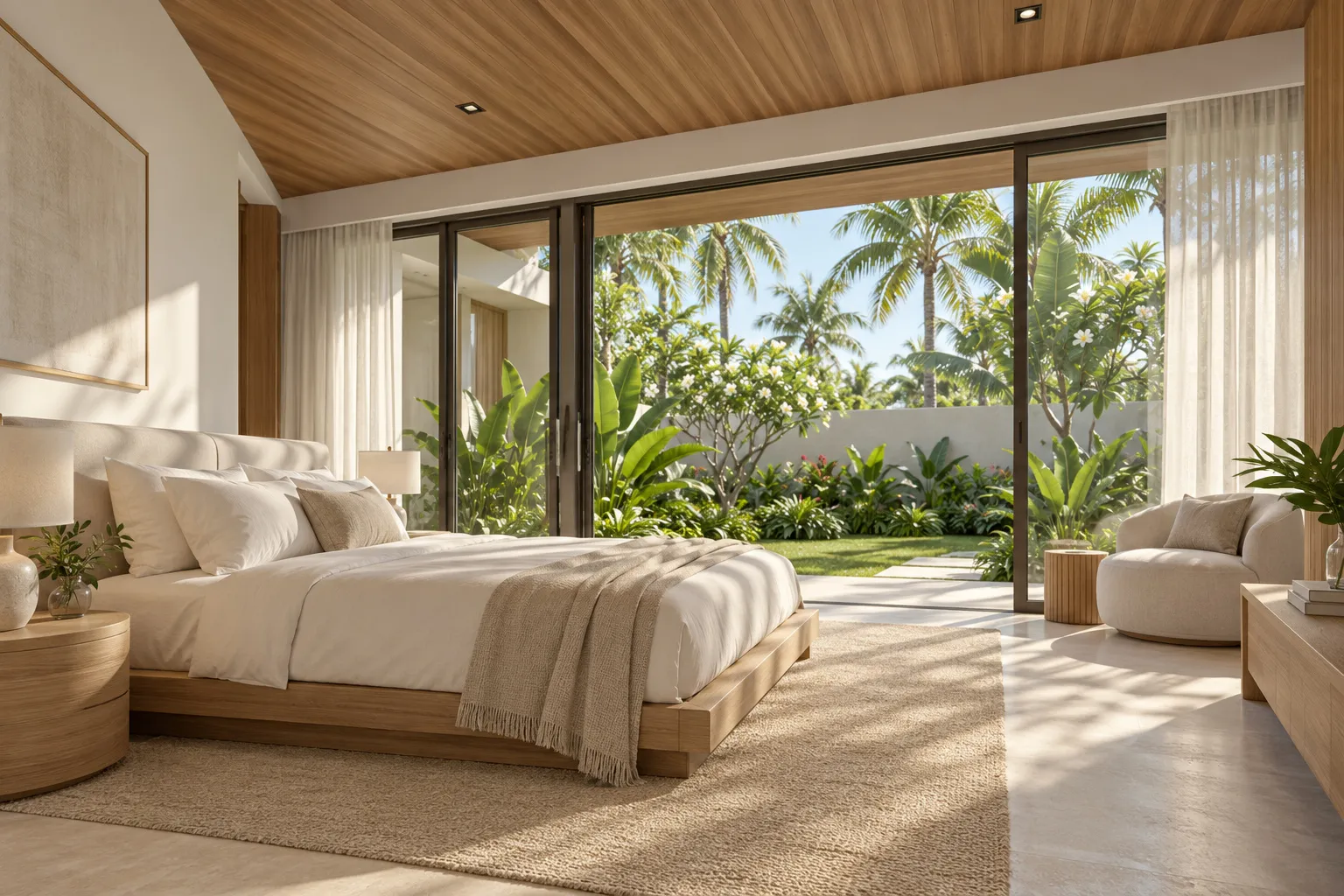 Master bedroom with a low oak bed and a glass wall to a private garden