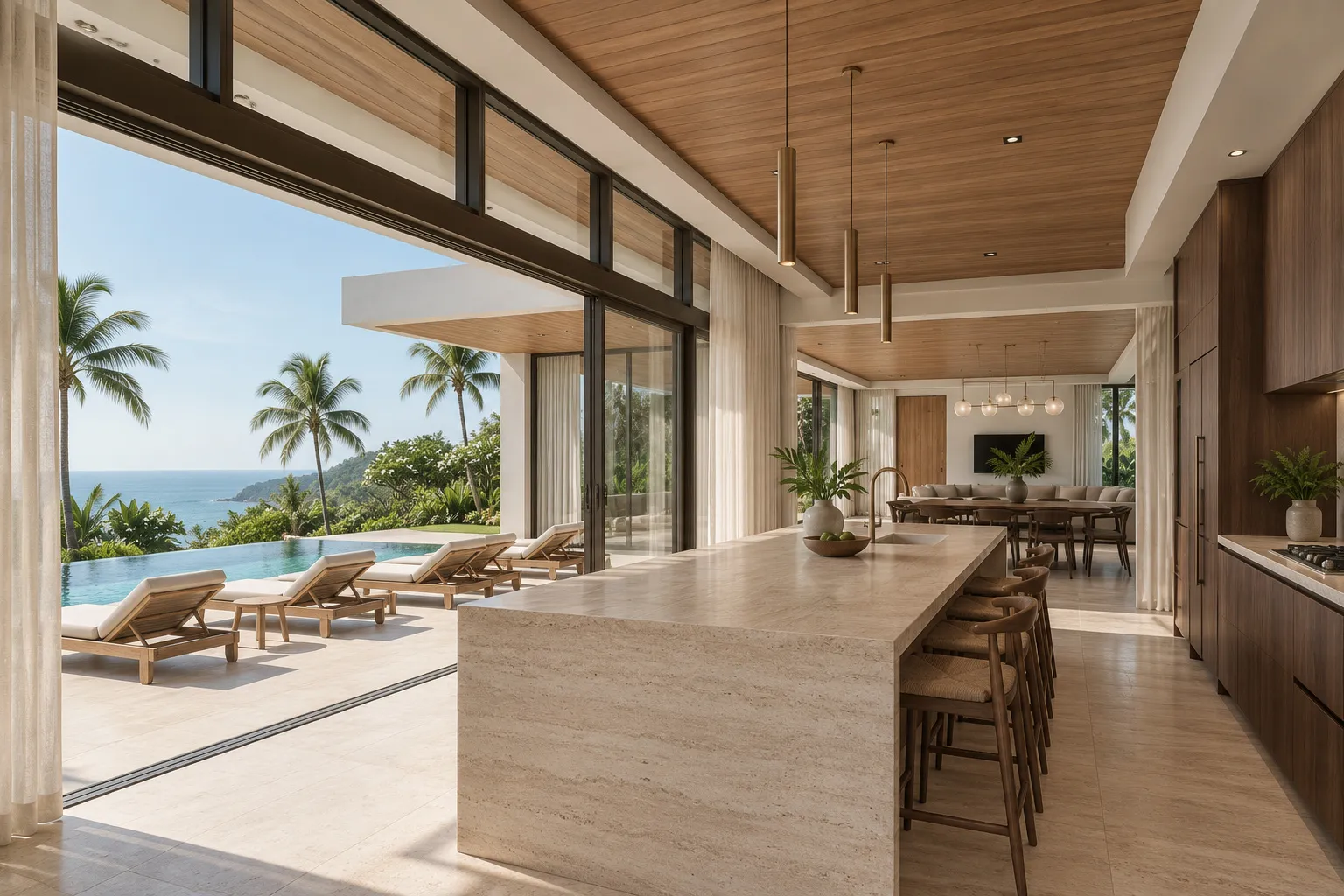 Open kitchen with a travertine island and walnut cabinetry facing the pool terrace