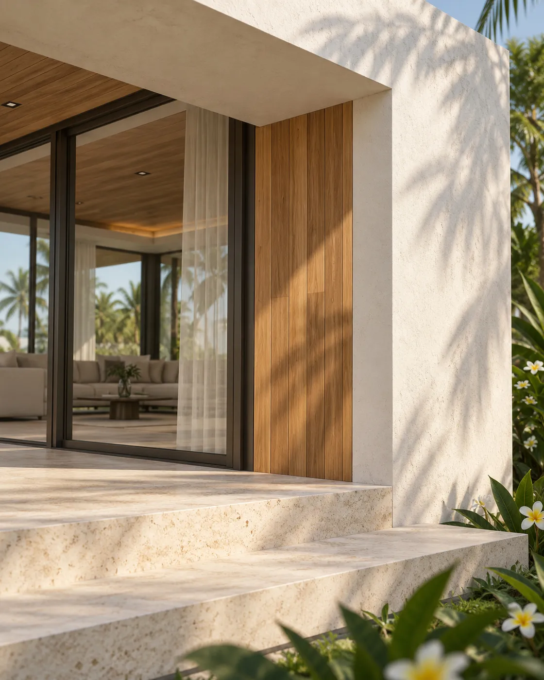 Lime plaster meeting vertical teak cladding above a travertine step